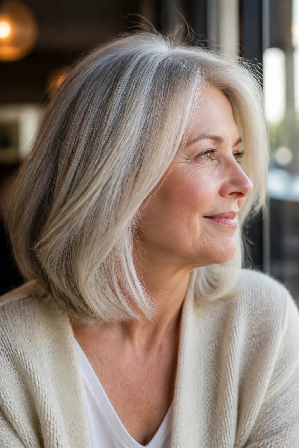 Portrait of a real woman with a soft silver lob and invisible layers in warm cafe window light
