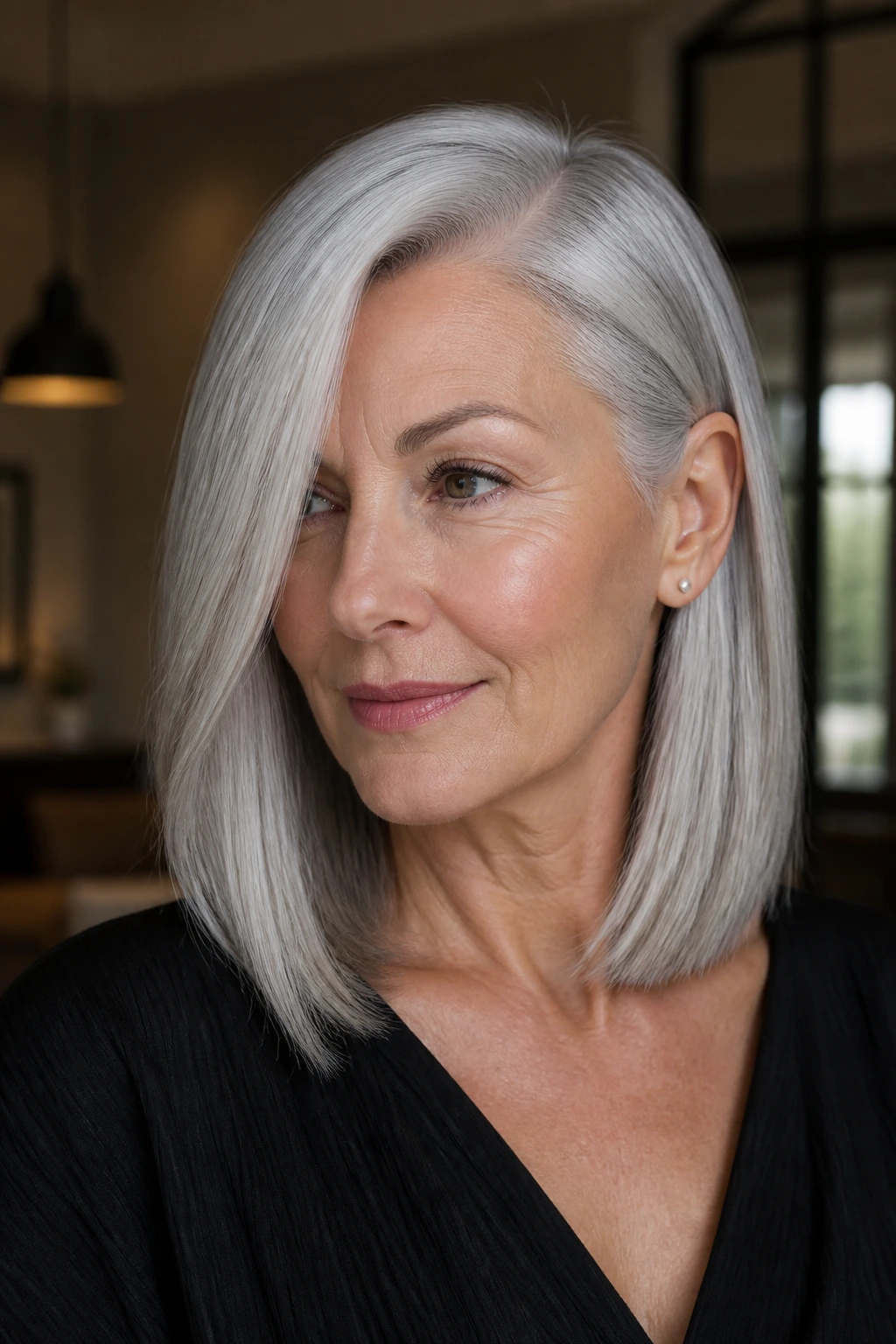 Portrait of a real woman with a deep side-part silver lob.