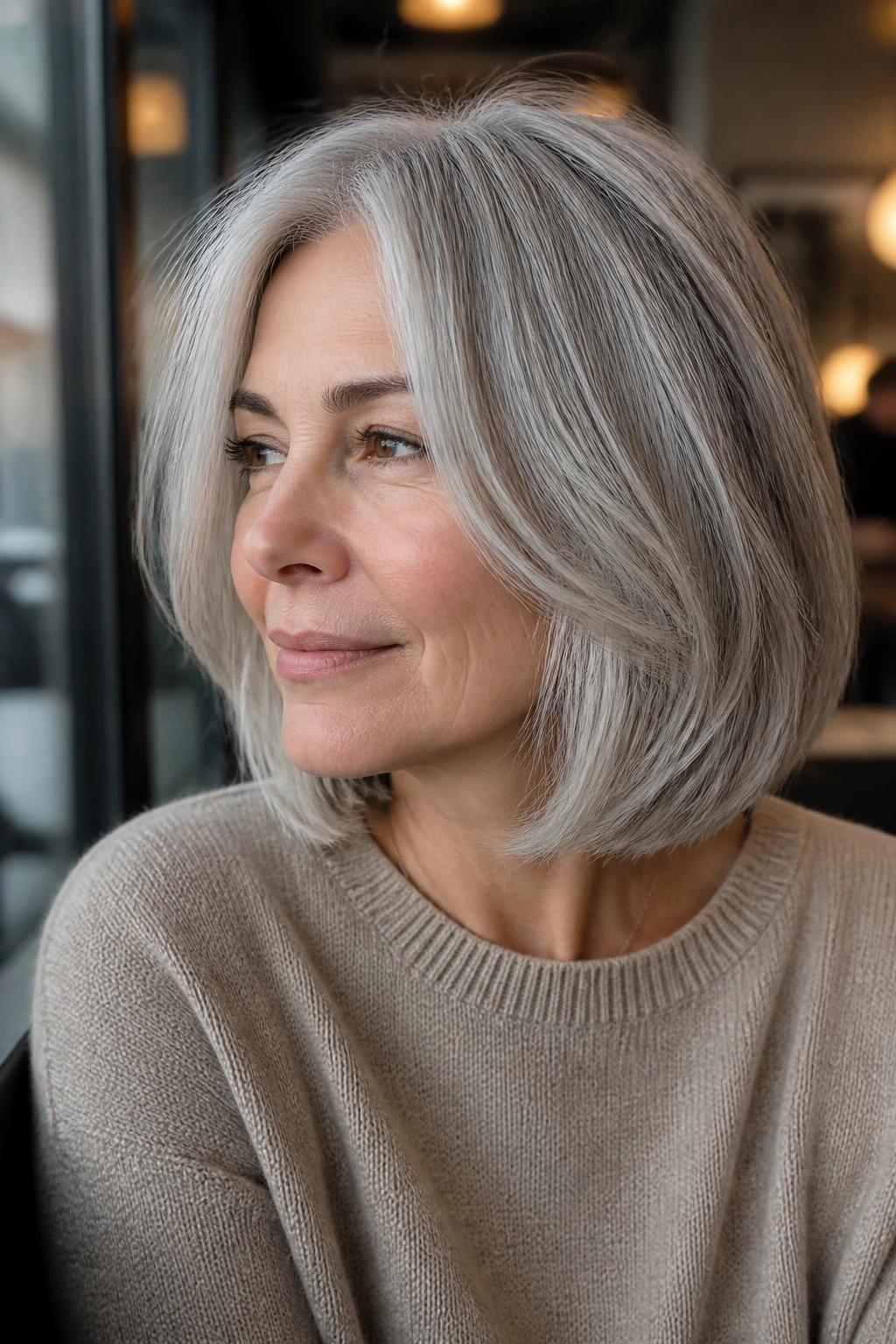 Portrait of a real woman with silver-glint textured lob in warm cafe light