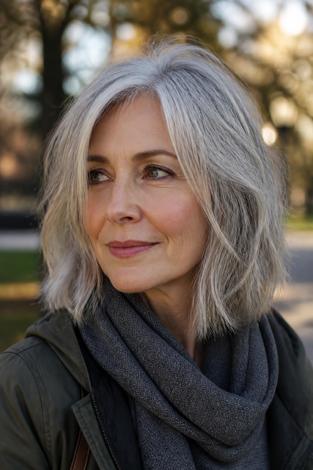 Close-up of a real woman with tousled silver lob hairstyle.