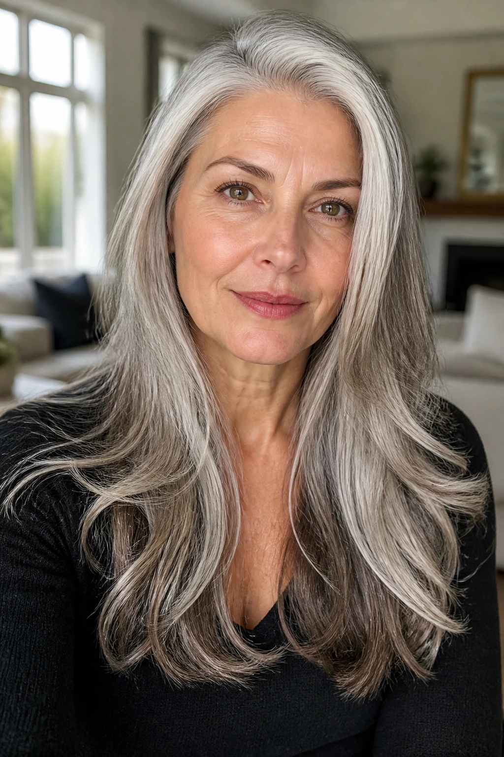 Close-up of a real woman with long silver hair in a bright living room