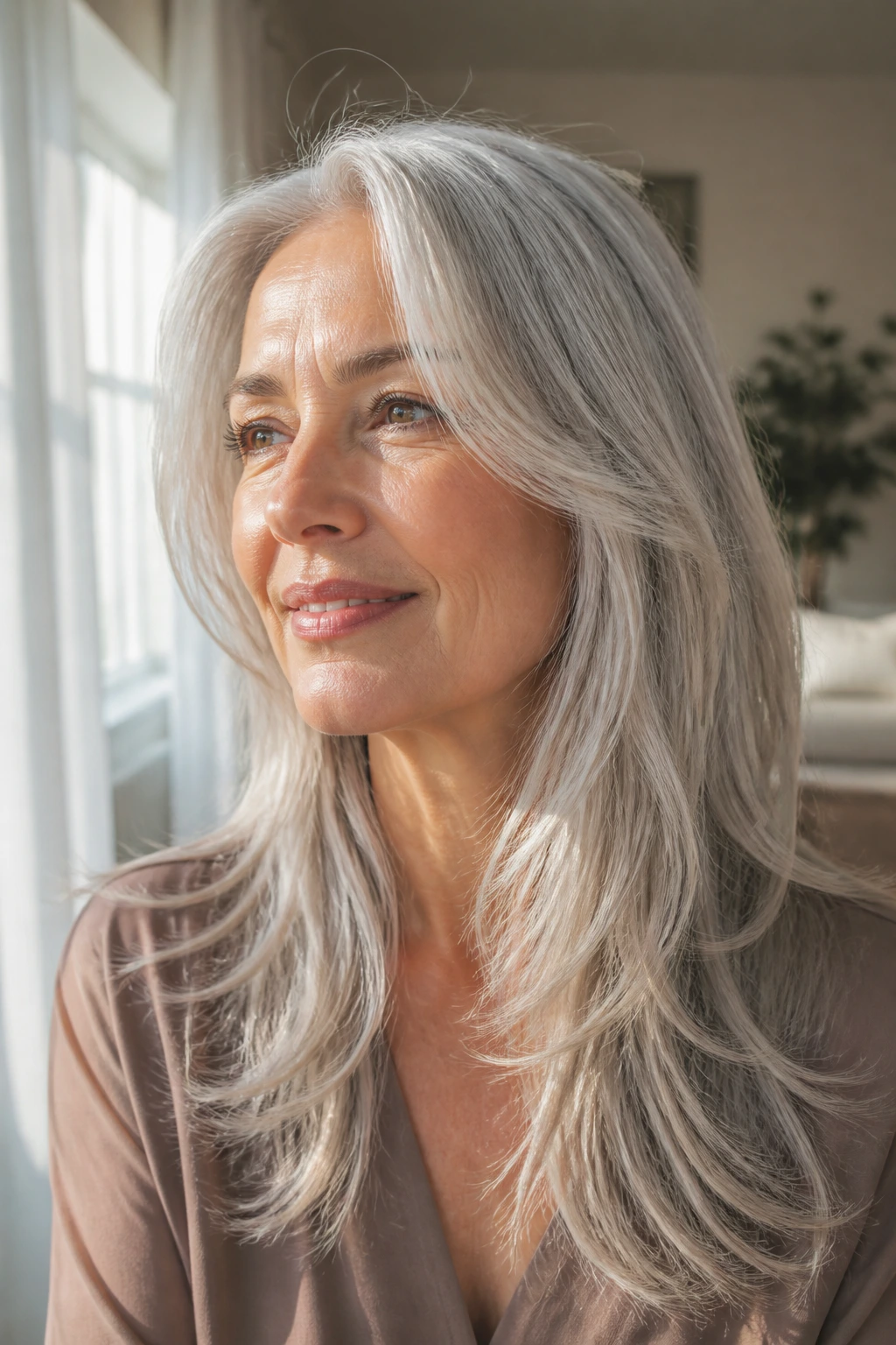 Close-up of a real woman with long silver layers and face-framing pieces