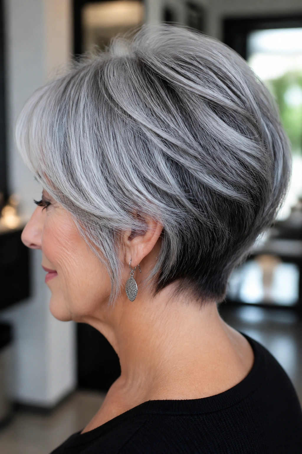 Close-up portrait of an older woman with gray hair featuring smoky charcoal lowlights under bright silver
