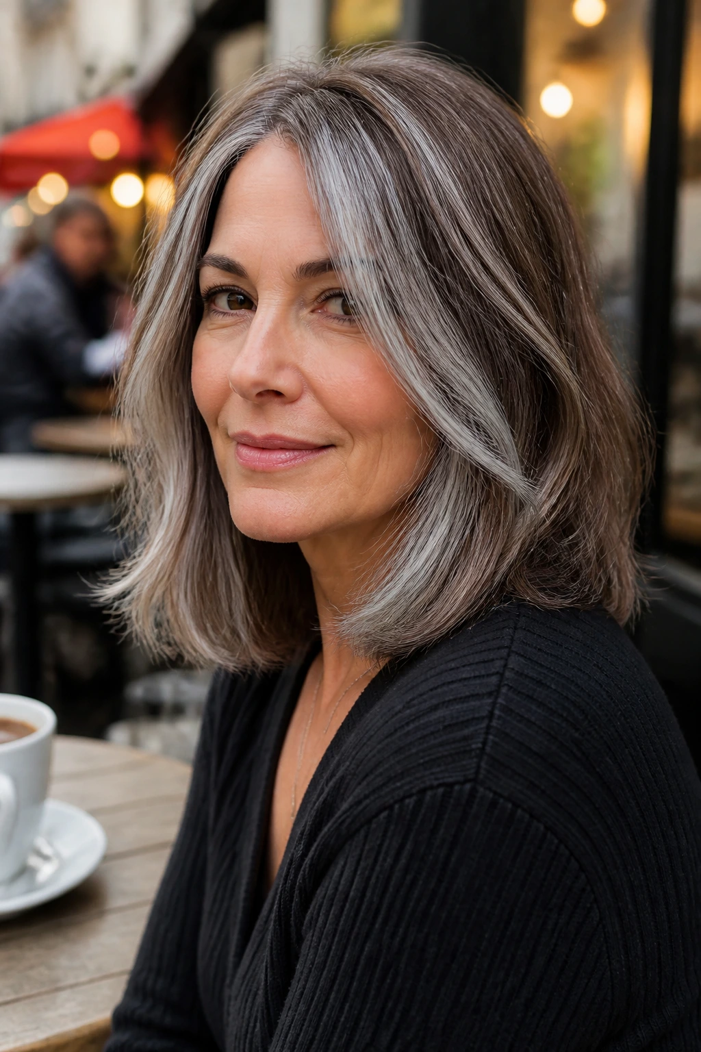 Portrait of a real person with silver mink brown blend hair.