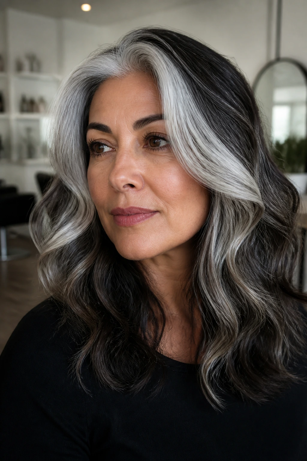 Close-up of silver money pieces framing a dark gray base on a real woman's hair