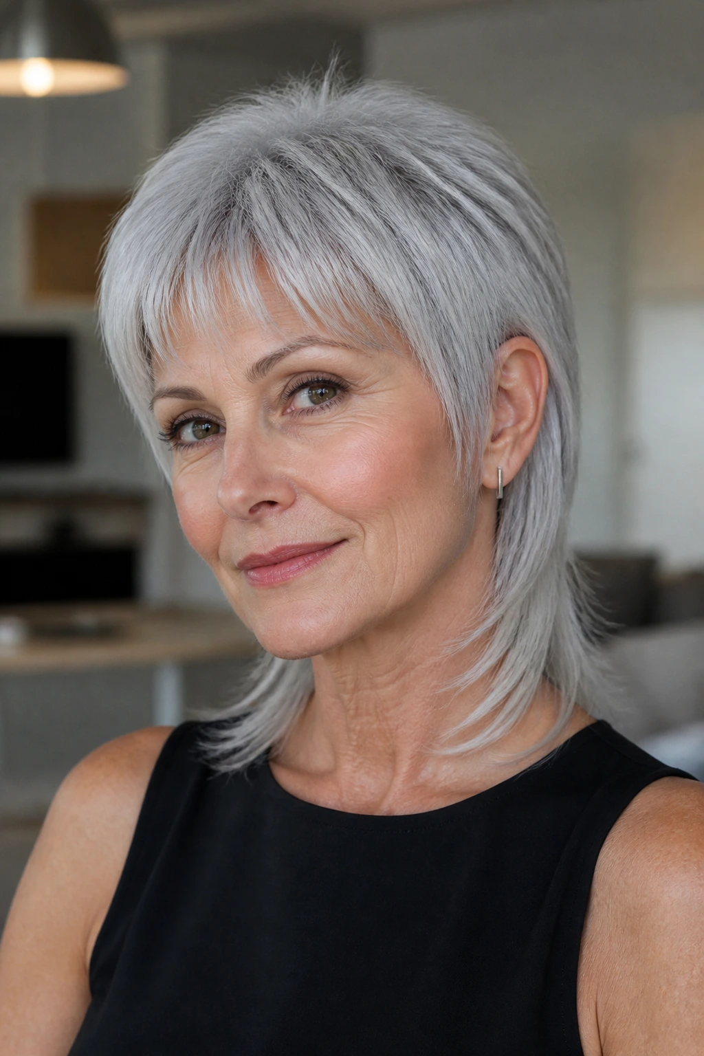 Close-up portrait of a woman with a sleek silver mullet and polished ends.
