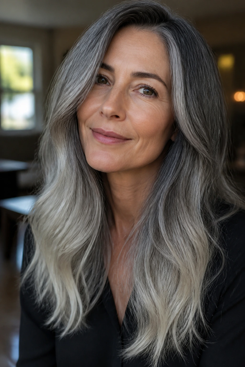 Close-up portrait of a real woman with long gray hair and a soft silver ombré fade near the ends, natural window light.