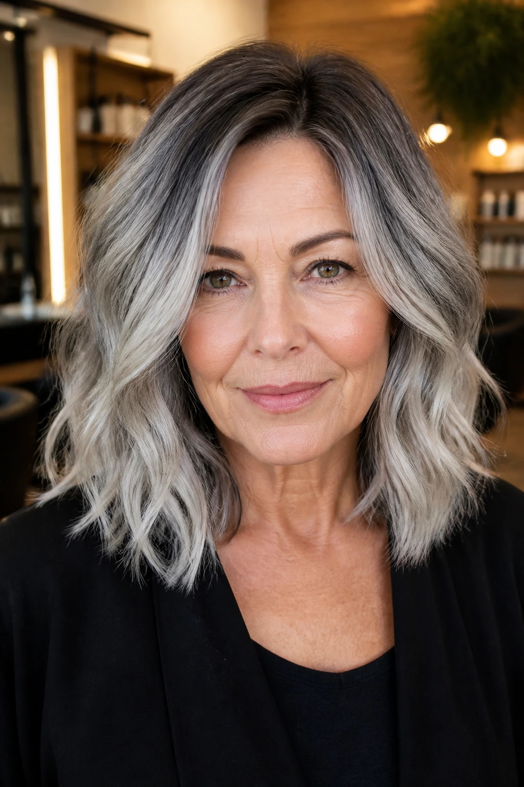Close-up of a real woman with shoulder-length silver ombre and shadow root