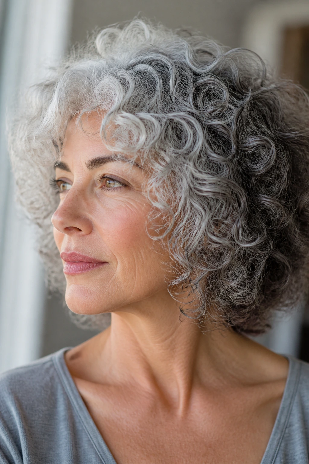 Portrait showing a gradient of silver to pewter tones in curly hair.