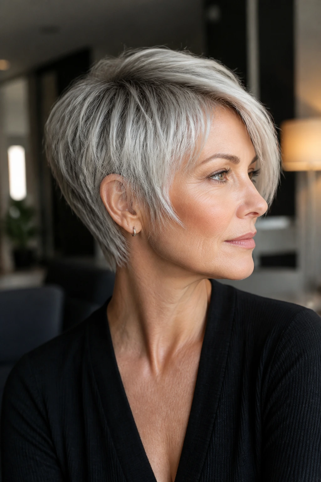 Portrait of a real woman with a silver pixie bob hybrid hairstyle