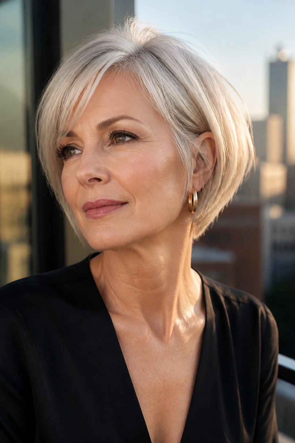 Portrait of a real woman with silver pixie bob and lifted crown with city view.