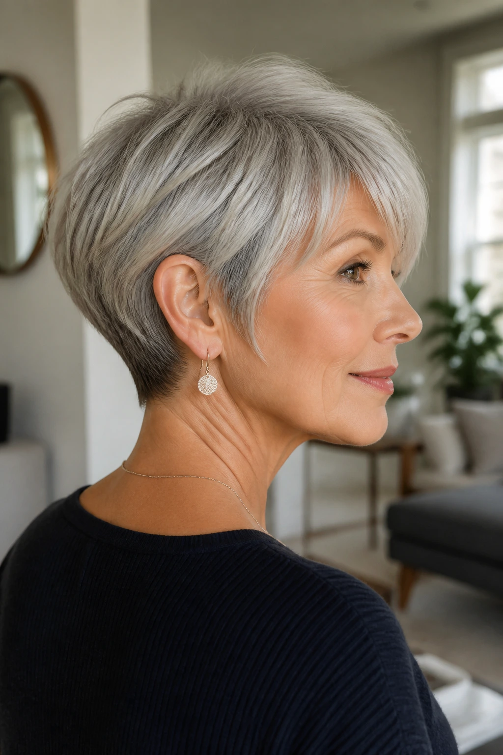 Close-up of a real woman with a silver pixie bob and stacked nape.