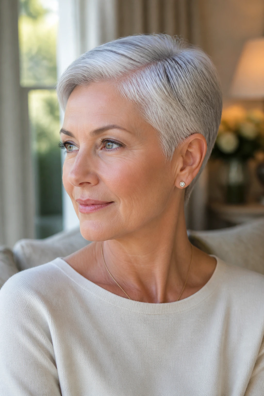 Close-up of a real woman with a sleek silver pixie and crisp edges, window-lit.