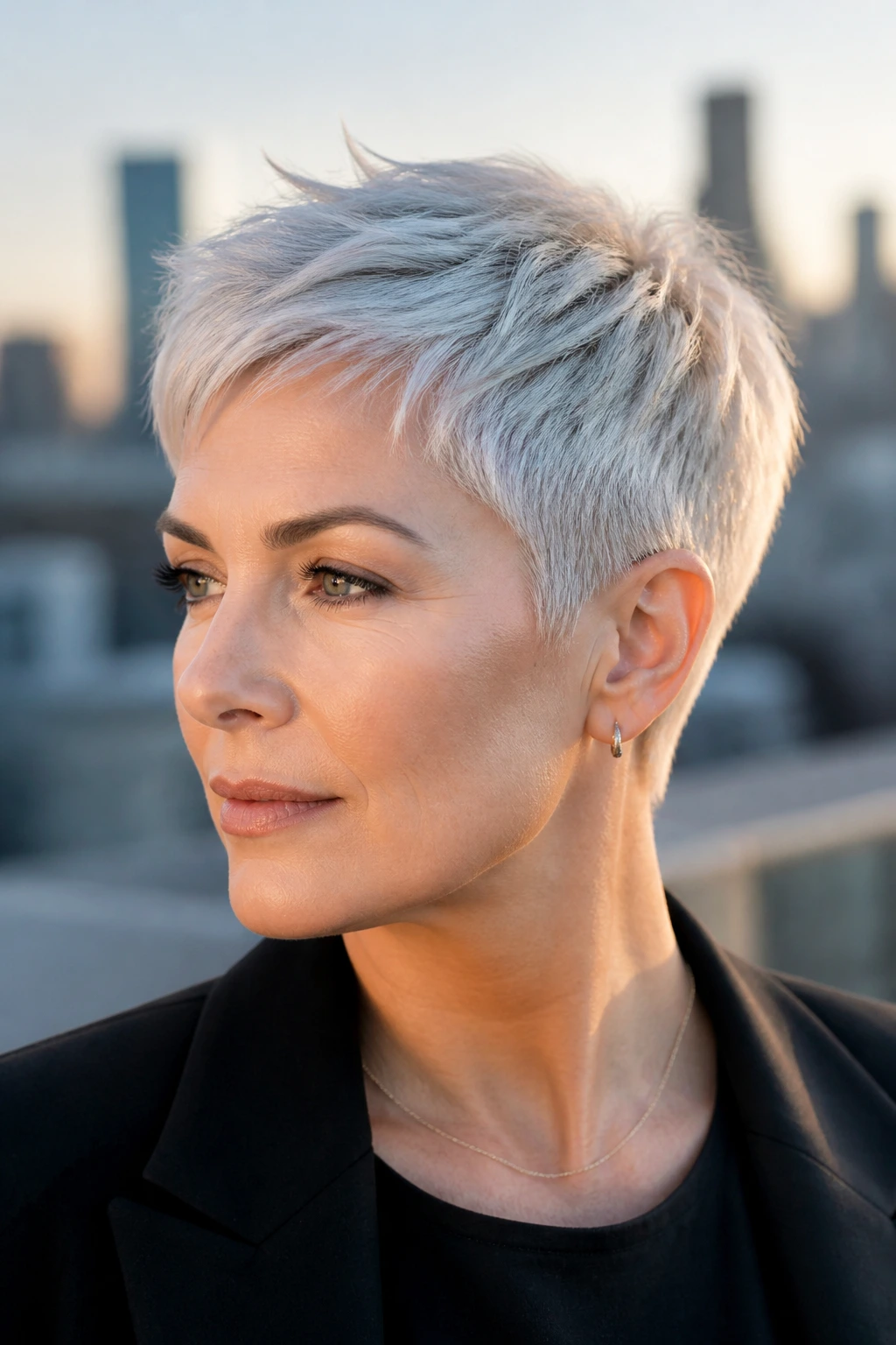 Portrait of a person with a silver pixie crop under warm rooftop light