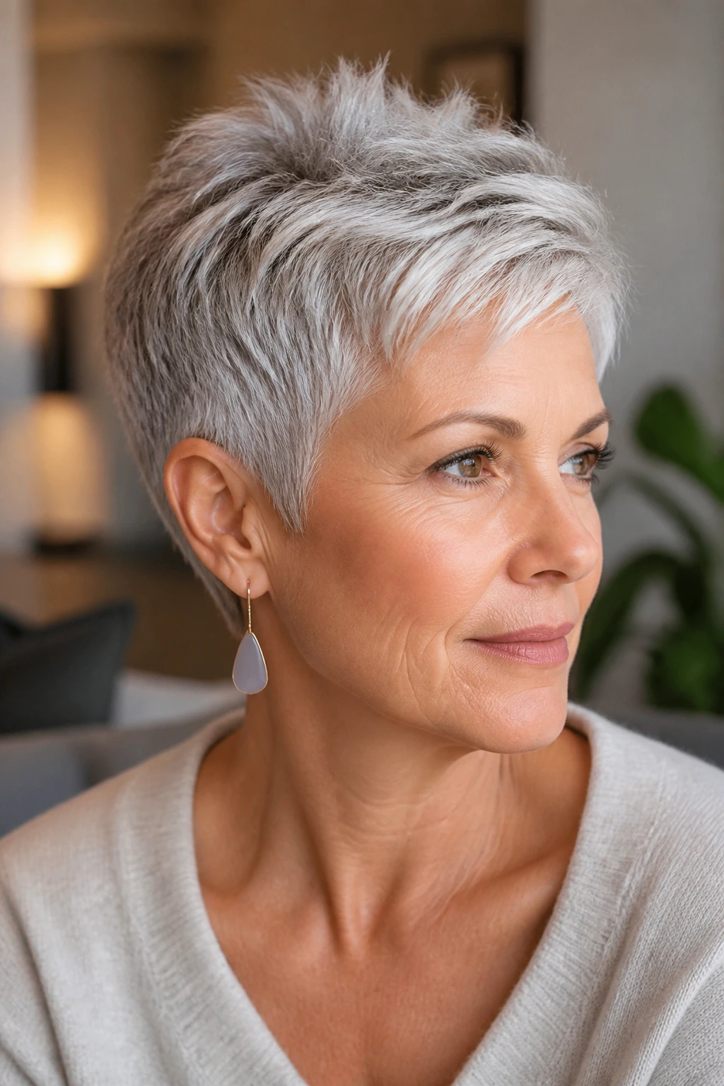 Close-up portrait of a woman with a soft silver pixie and tapered sides