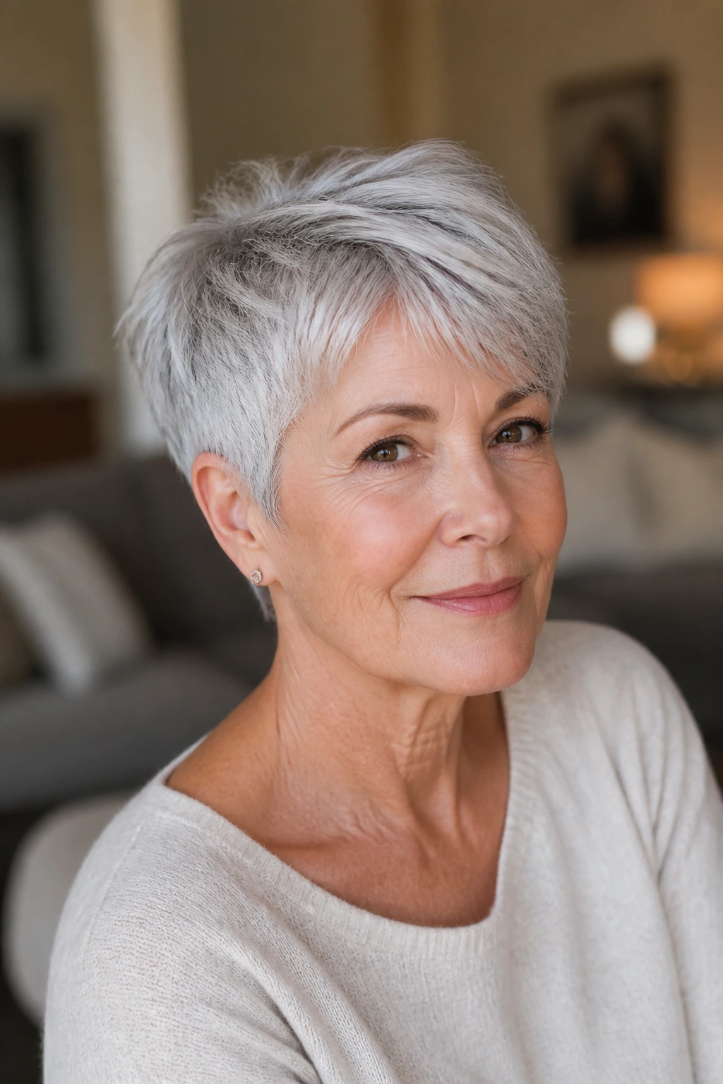 Close-up portrait of a real woman with feathered silver pixie showing soft layered texture.