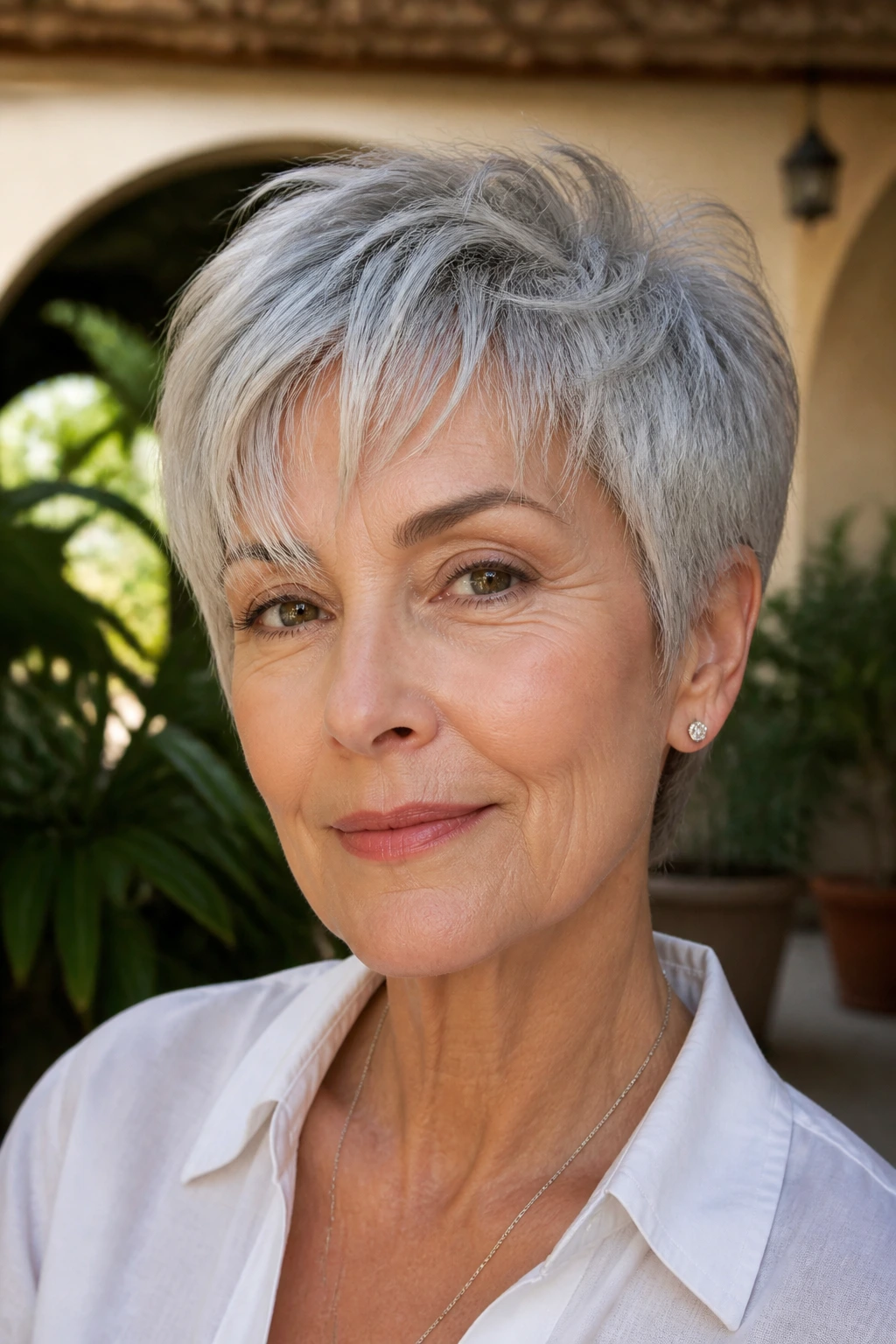 Close-up portrait of a real person with silver feathered pixie and airy bangs
