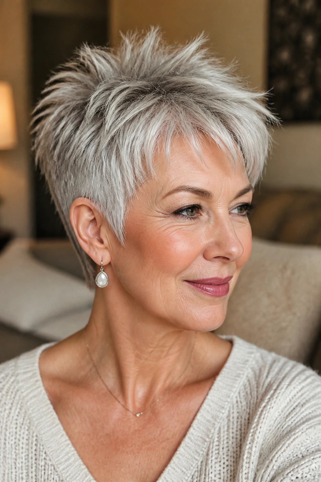 Real woman with a soft silver pixie and feathered crown