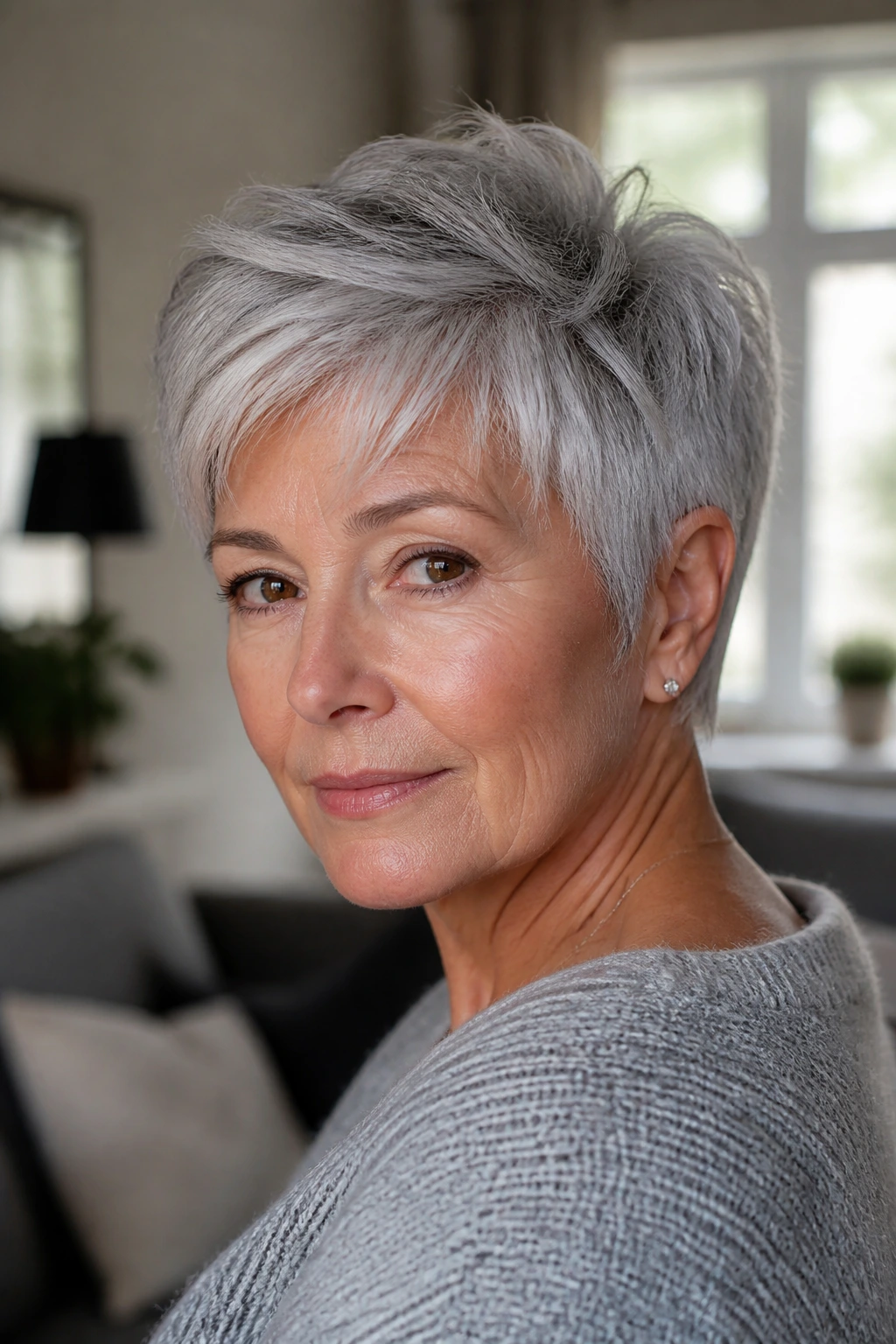 Close-up of a real woman with a silver pixie haircut, face-framing layers and a crisp nape