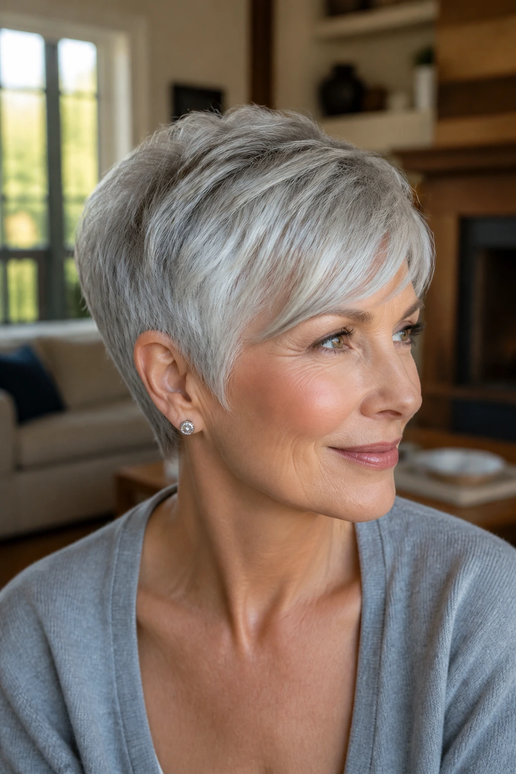 Close-up portrait of a real person with a silver pixie cut in a sunlit living room