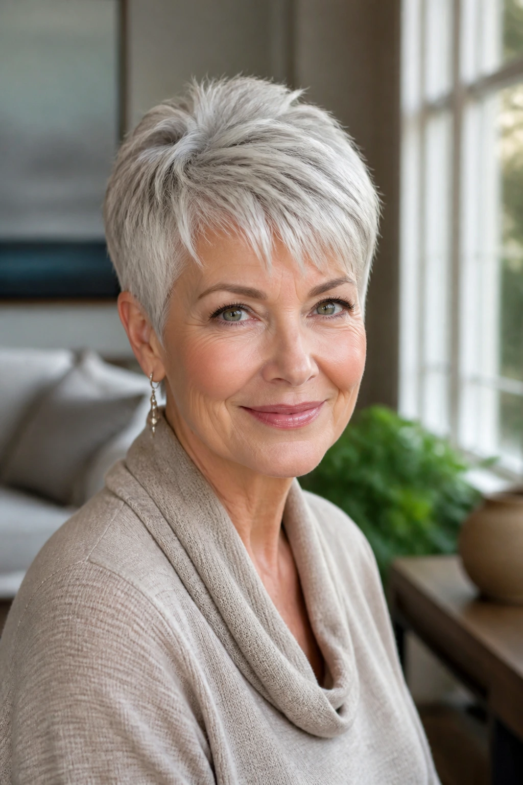 Front portrait of a real woman with a silver layered pixie, luminous layers catching light.