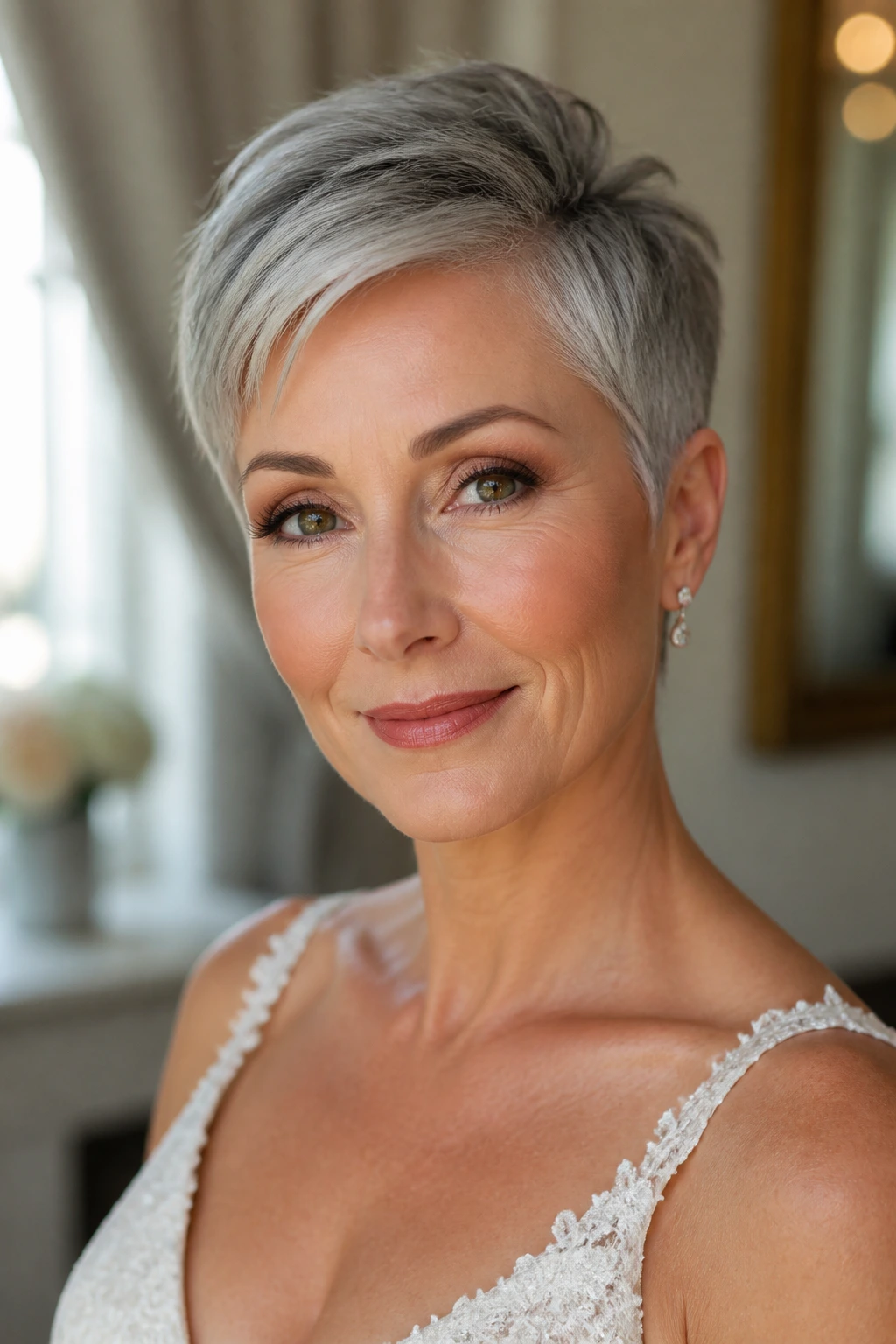 Close-up bride with silver pixie and warm makeup