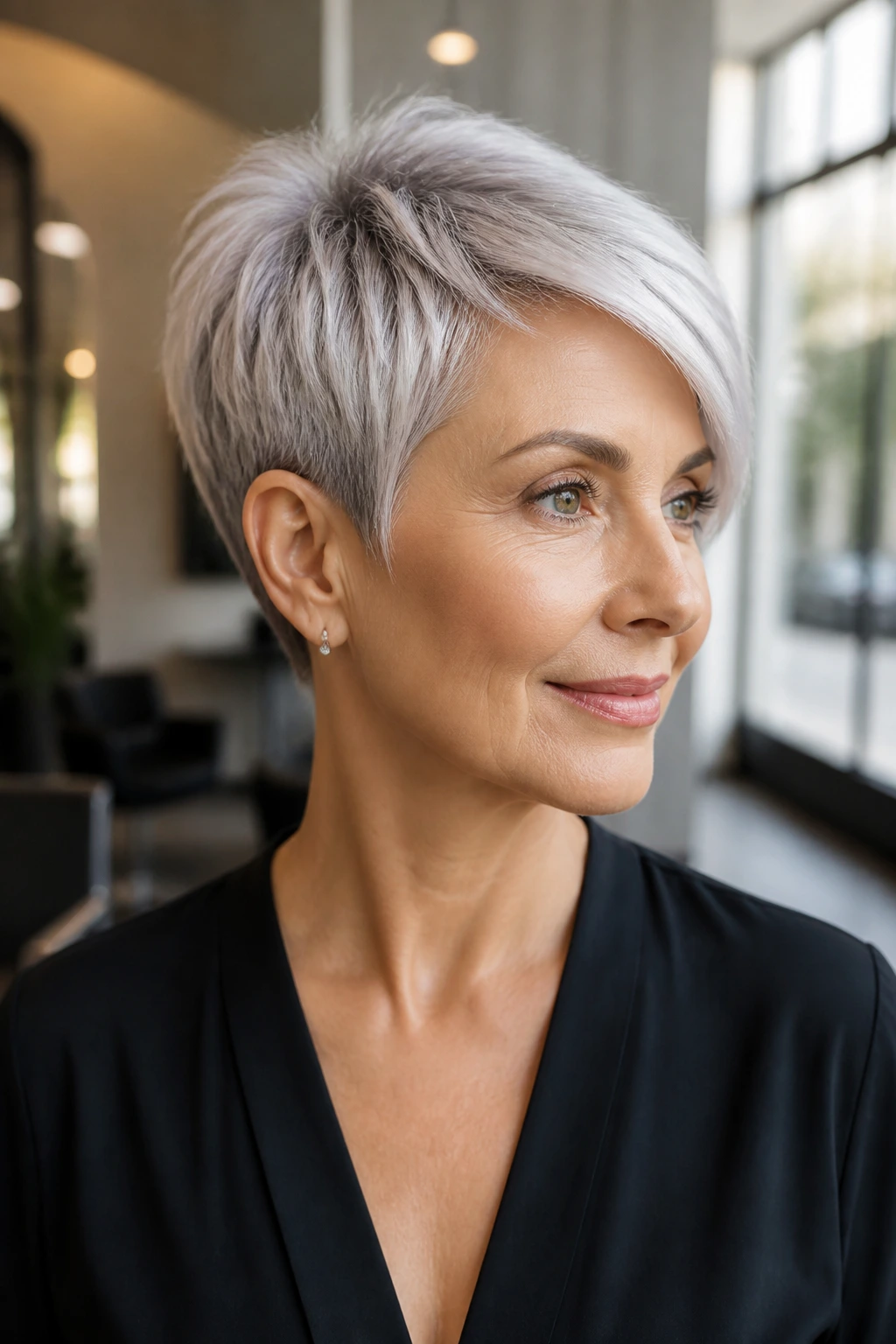 Portrait of a real person with modern silver pixie and bold front line