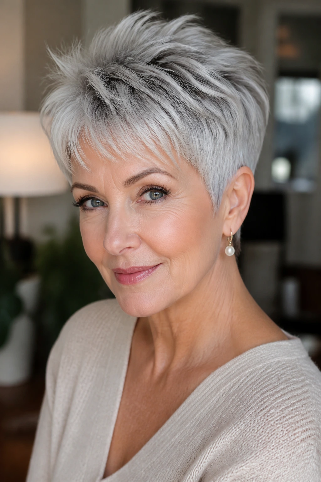 Close-up portrait of a real woman with a feathered silver pixie haircut showing crown lift