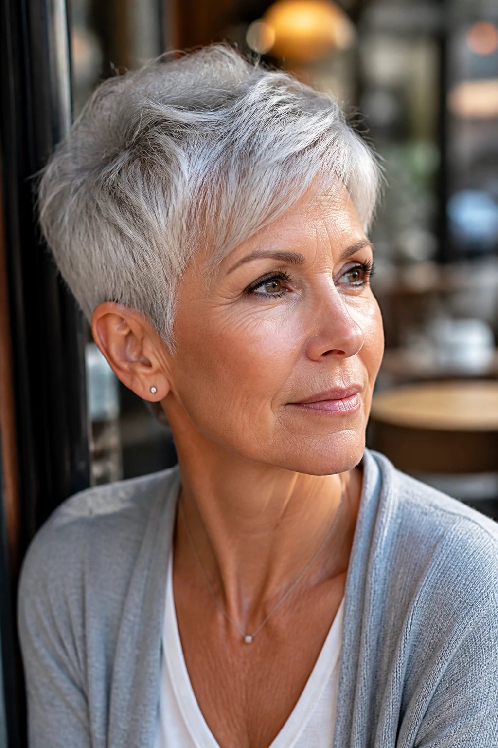 Portrait of a real woman with a silver pixie showing color movement and shine.
