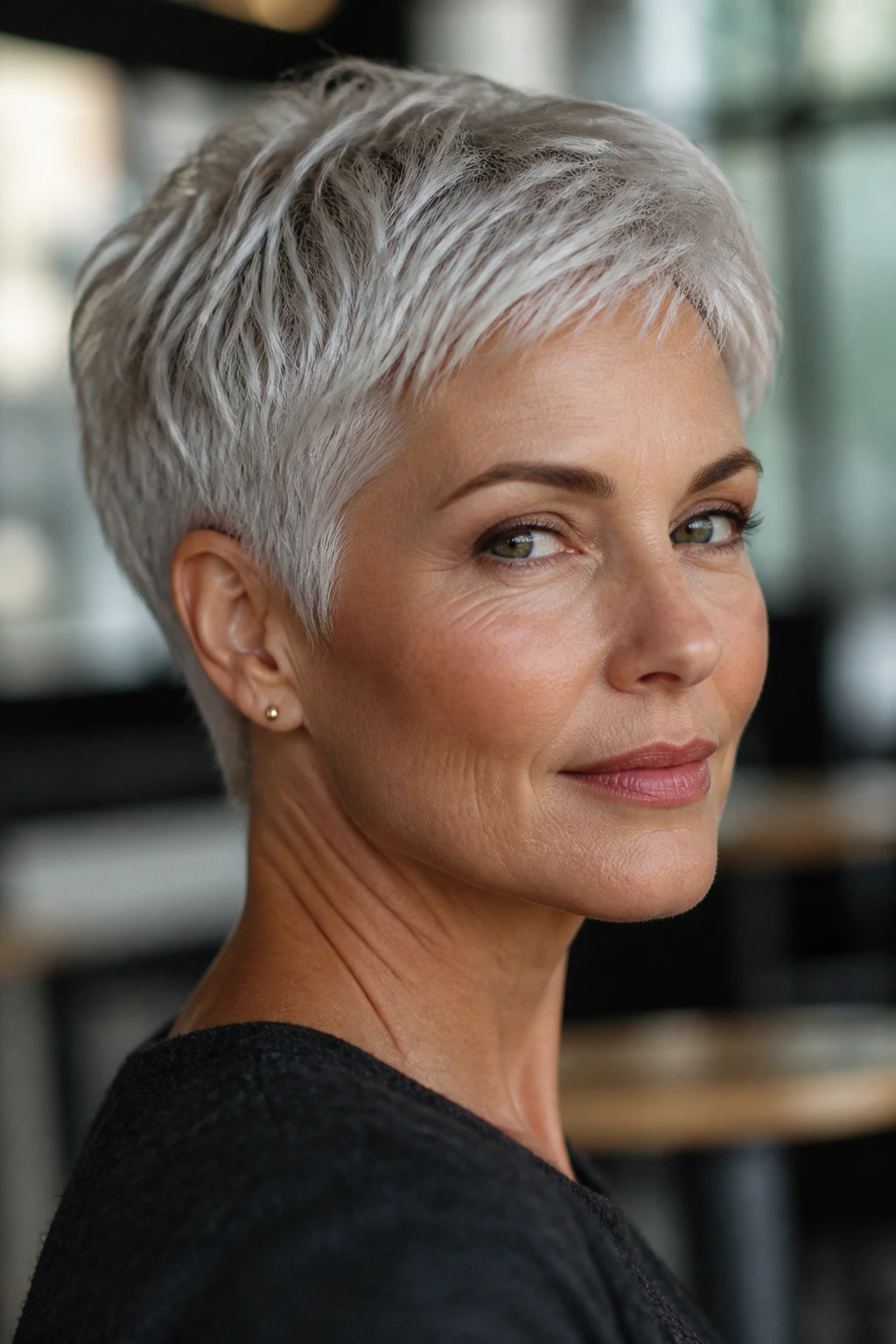 Close-up of a real woman with a silver pixie haircut catching light
