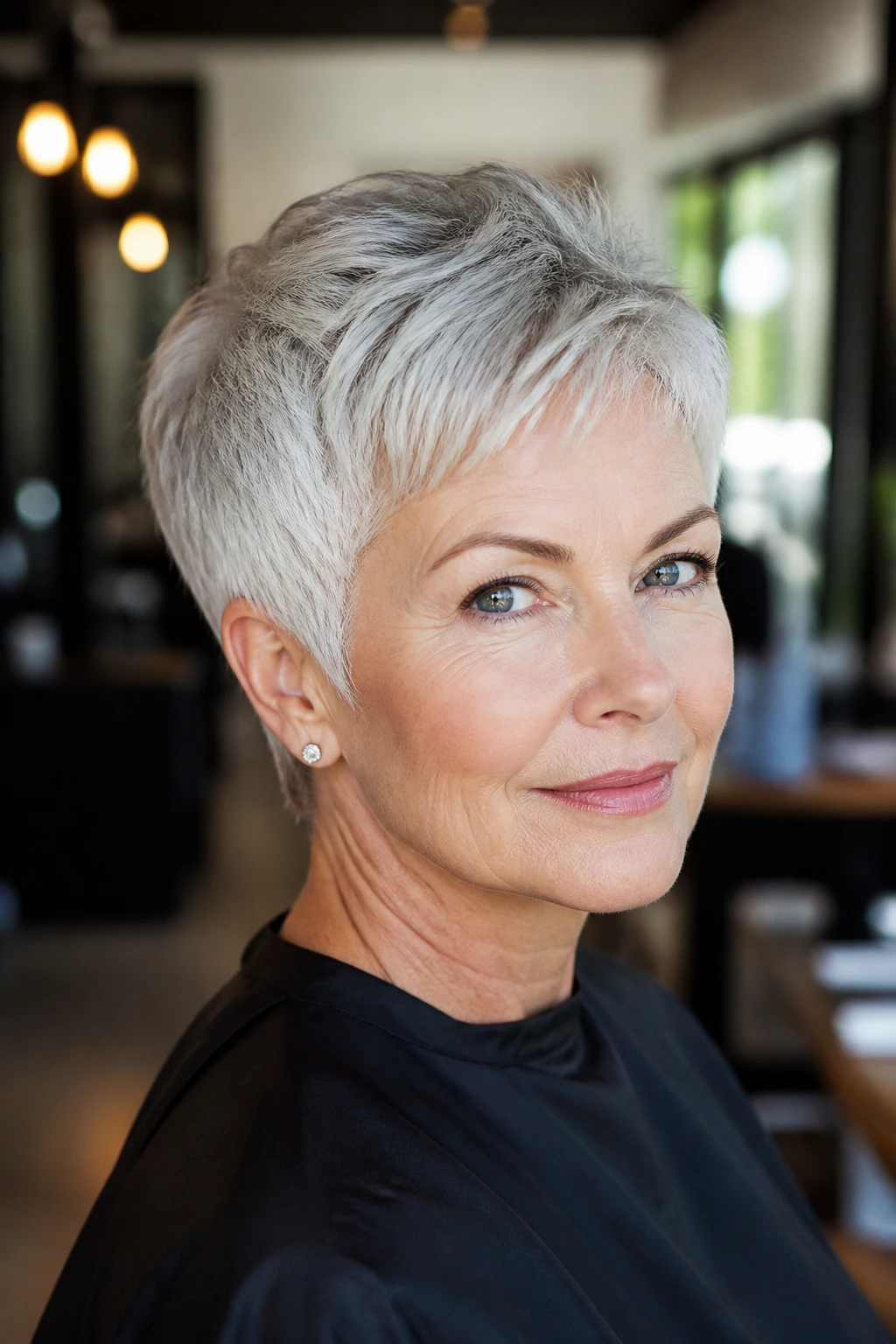 Close-up of a real woman with a silver pixie cut in a salon