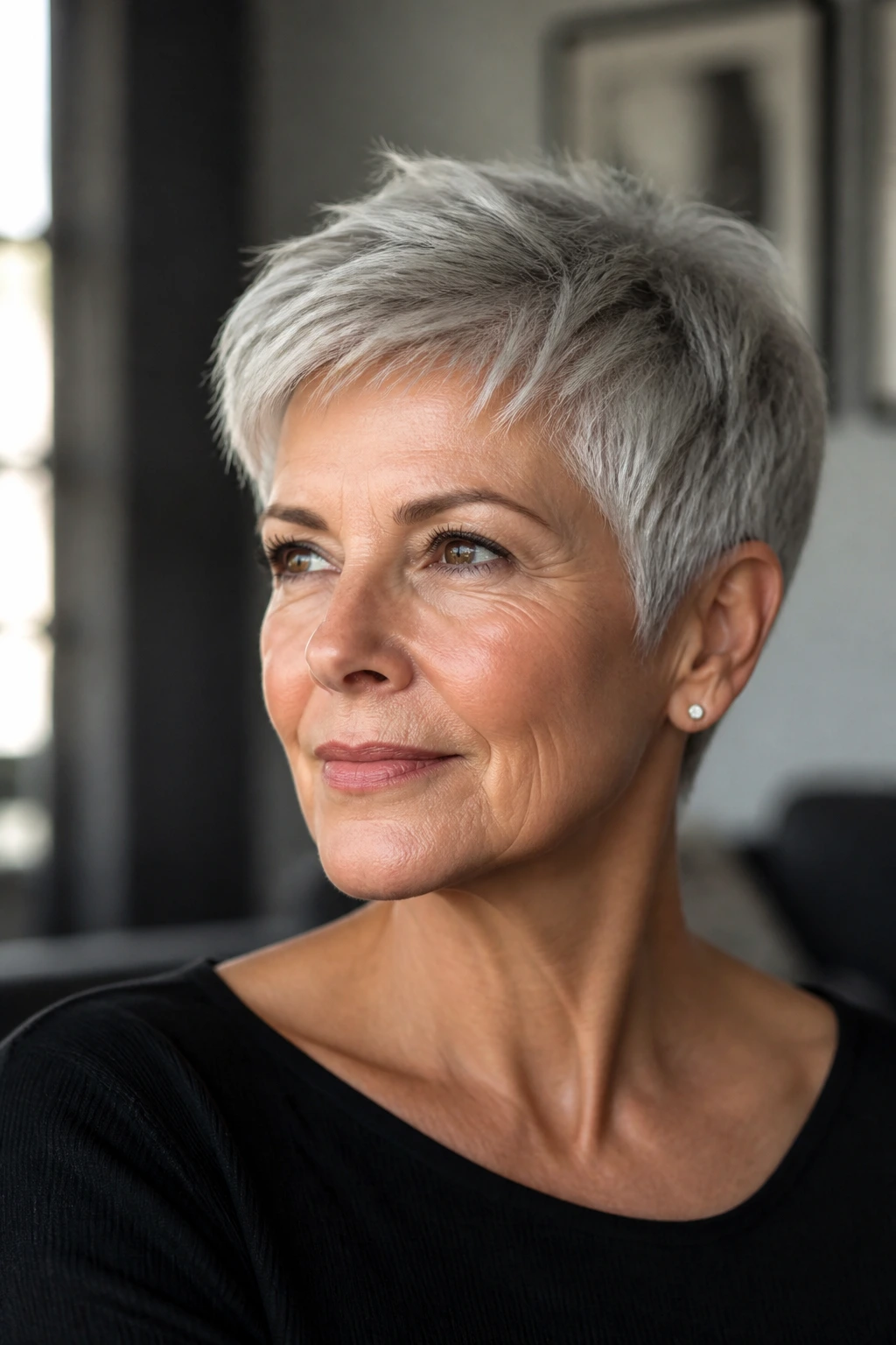 Close-up of a sleek silver pixie with crisp edges in soft backlight.