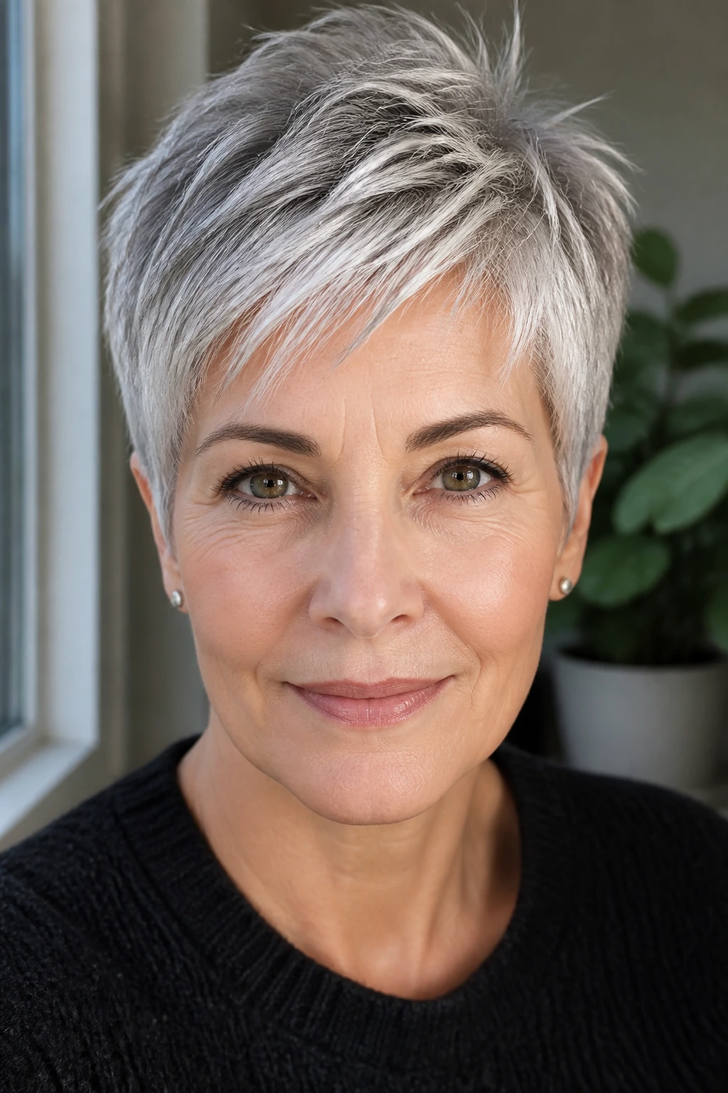 Close-up portrait of a real woman with a silver pixie showing shine and separation