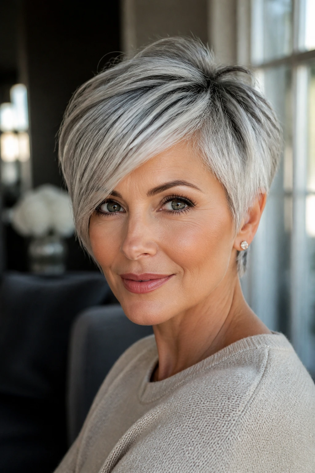 Portrait of a woman with sculpted silver pixie and side sweep