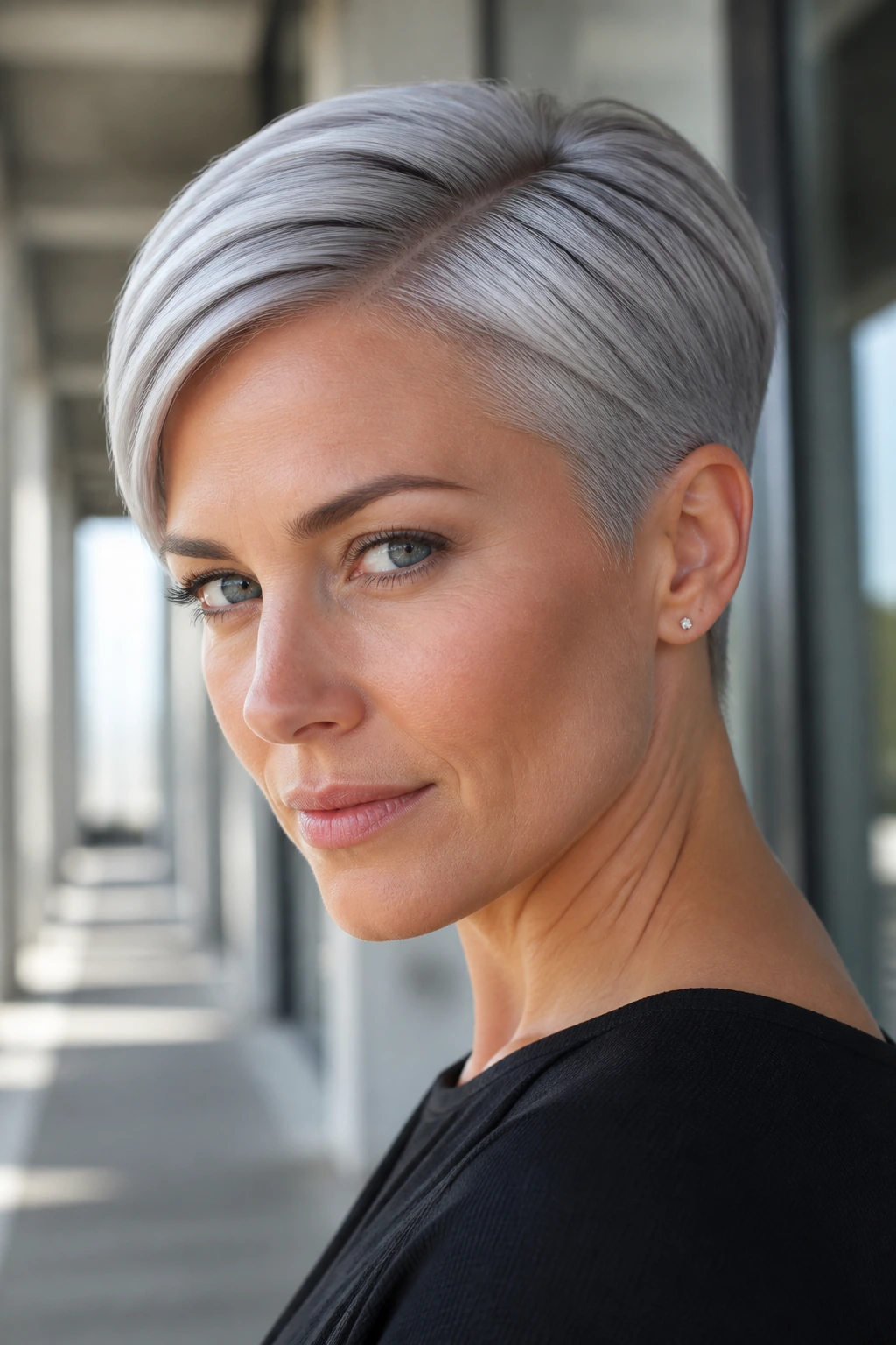 Close-up portrait of a real woman with a sleek, glassy silver pixie and defined part.