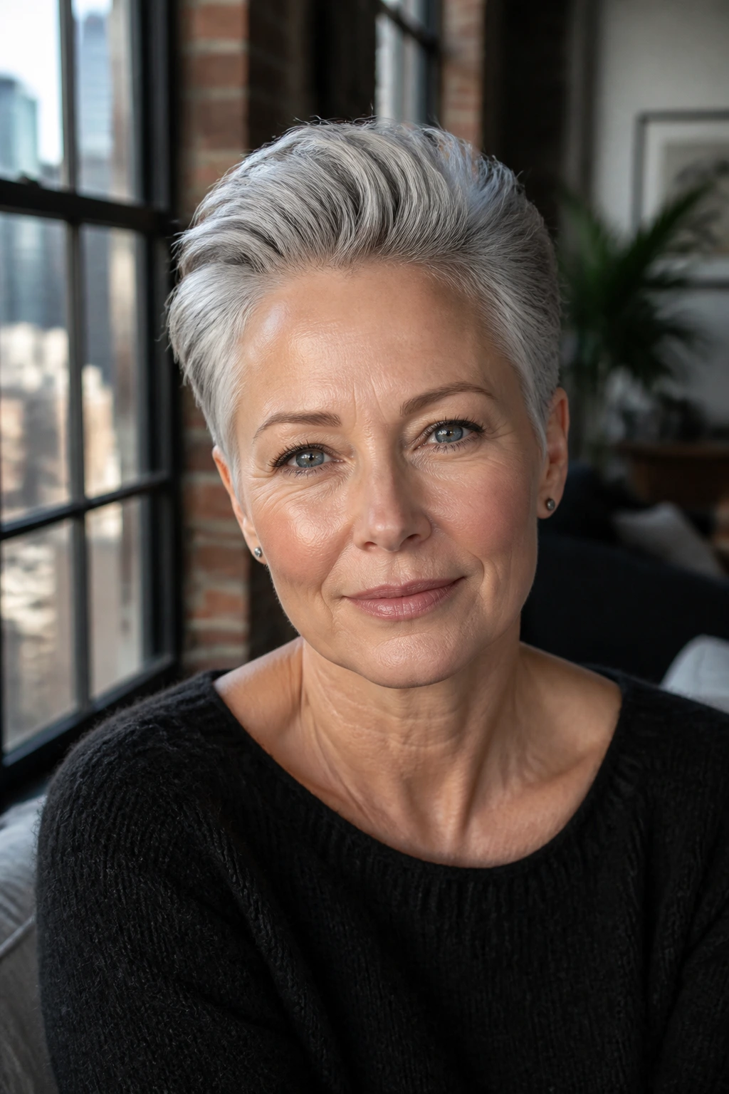 Portrait of a real woman with a slicked-back silver pixie
