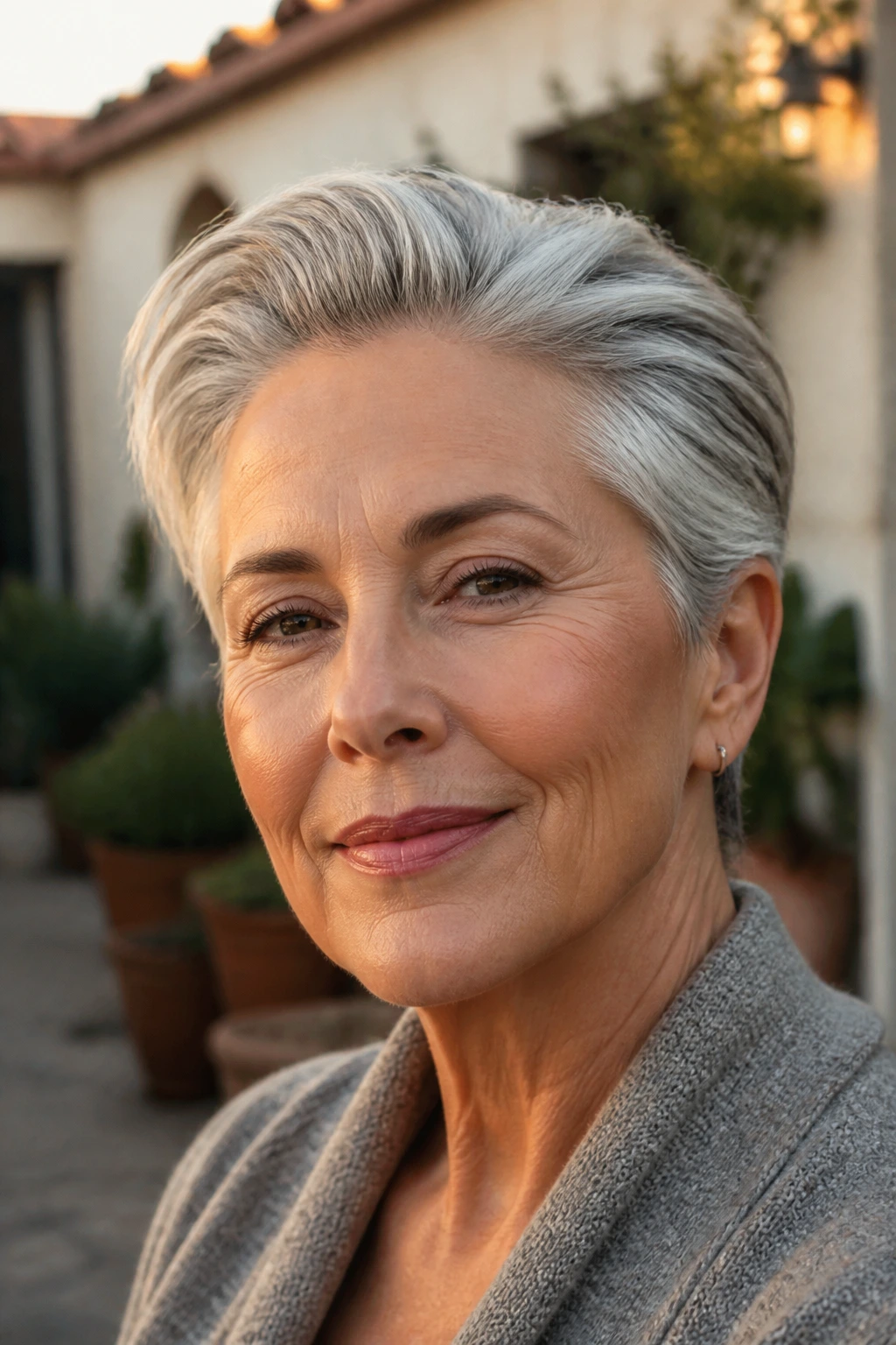 Close-up portrait of a real older woman with a silver swept-back pixie