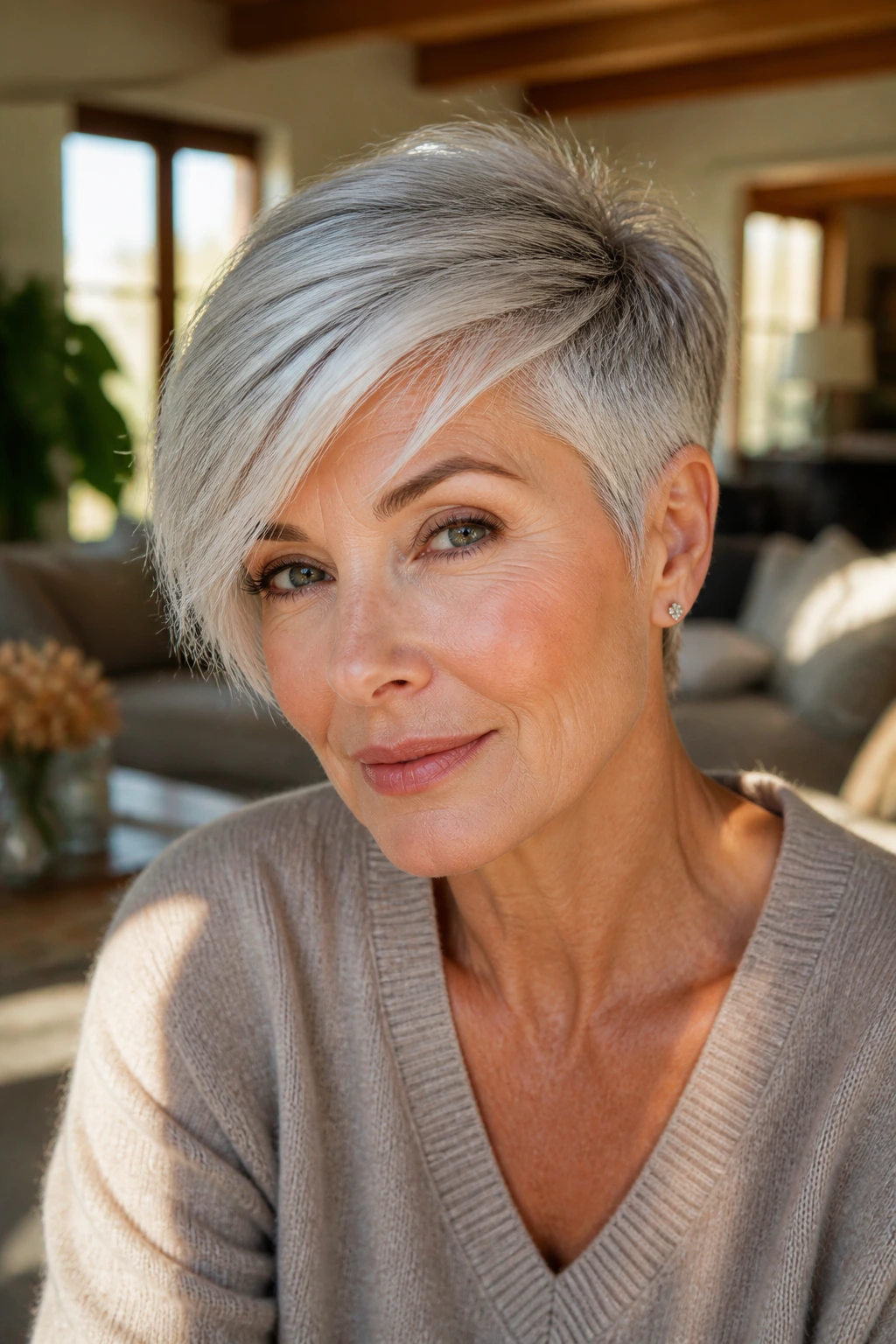 Close-up portrait of a real person with long top pixie and swept-over bangs in silver-gray hair.
