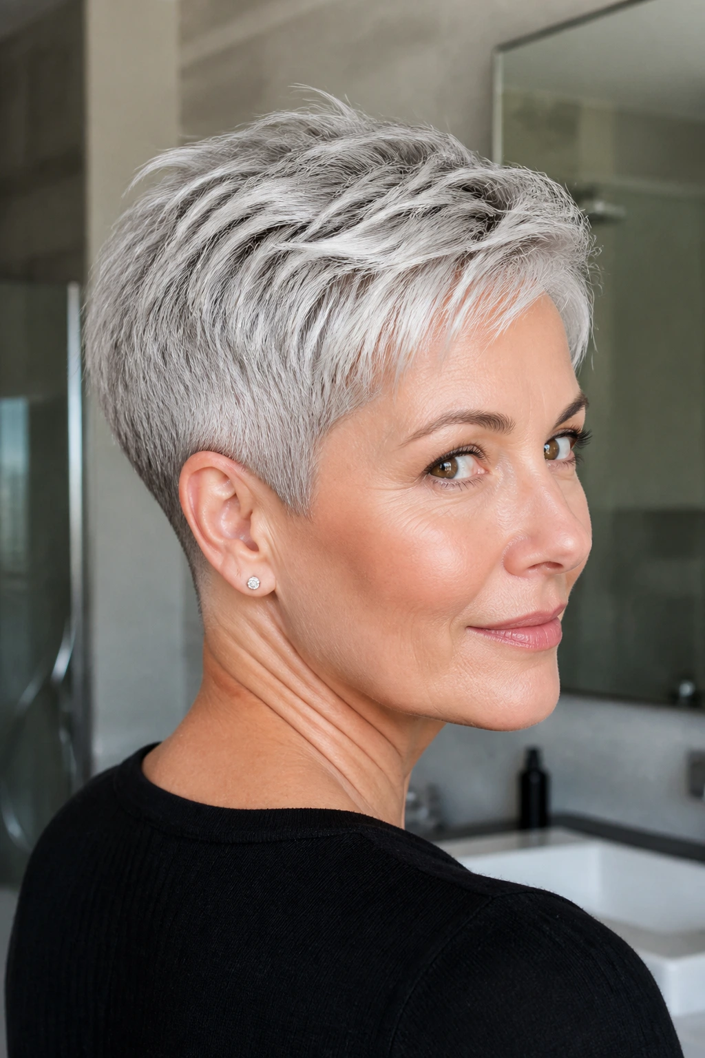 Silver pixie with tapered nape on a real person.
