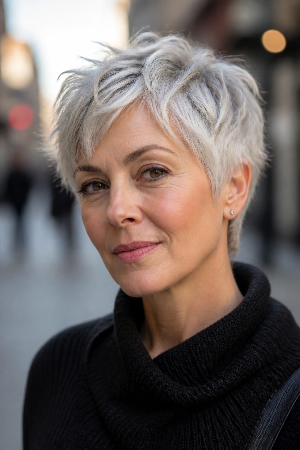 Close-up of a real person with a tousled silver pixie showing dimensional texture.