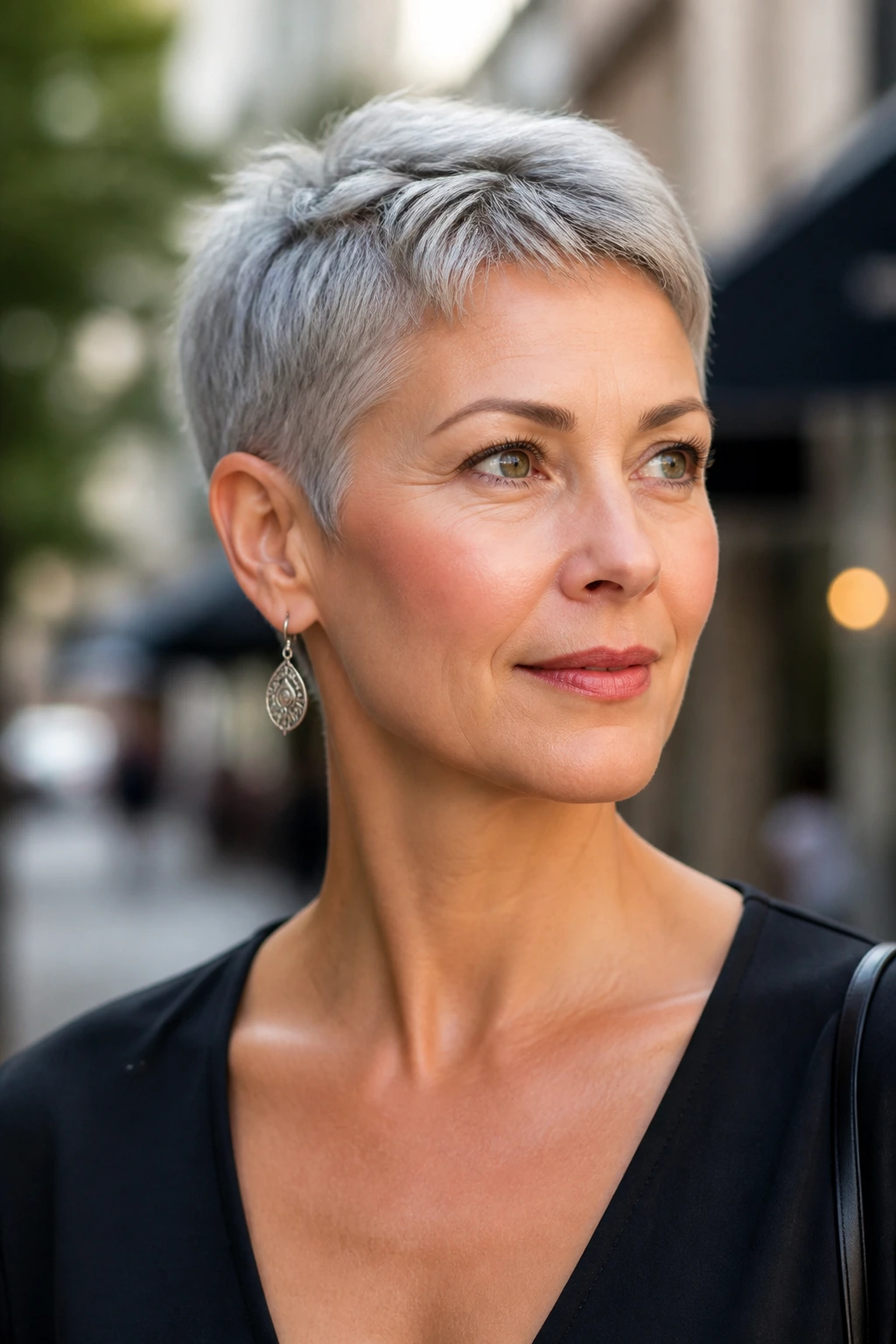 Close-up of a real woman with silver pixie and tucked-behind-ear sides