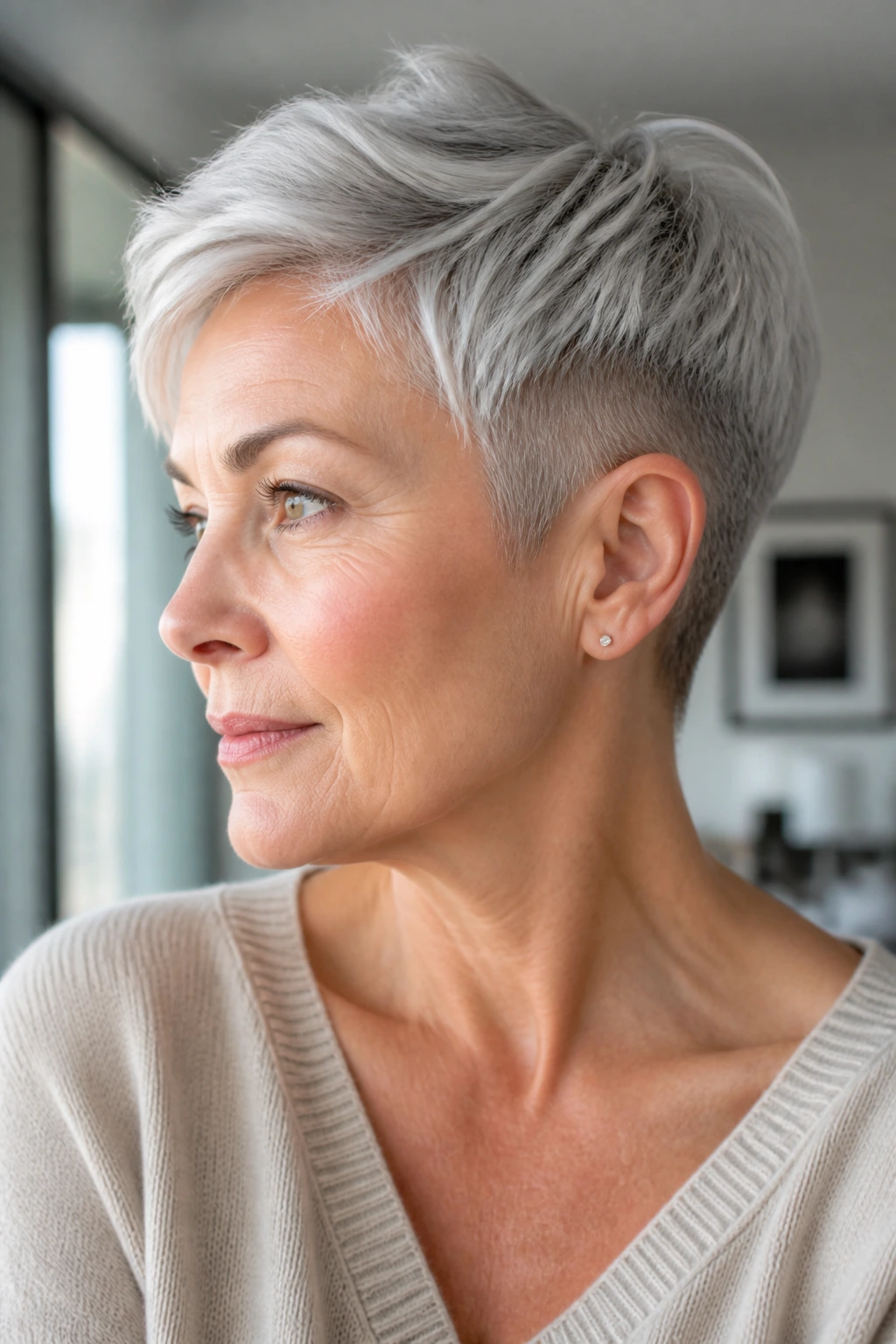 Portrait of a real woman with silver pixie undercut showing textured top