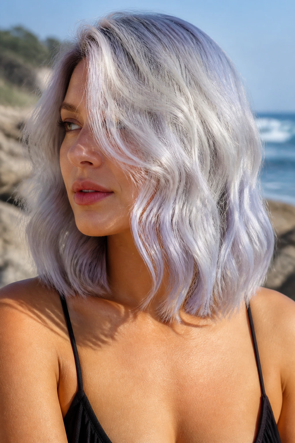Real person with silver-platinum surf waves hairstyle.