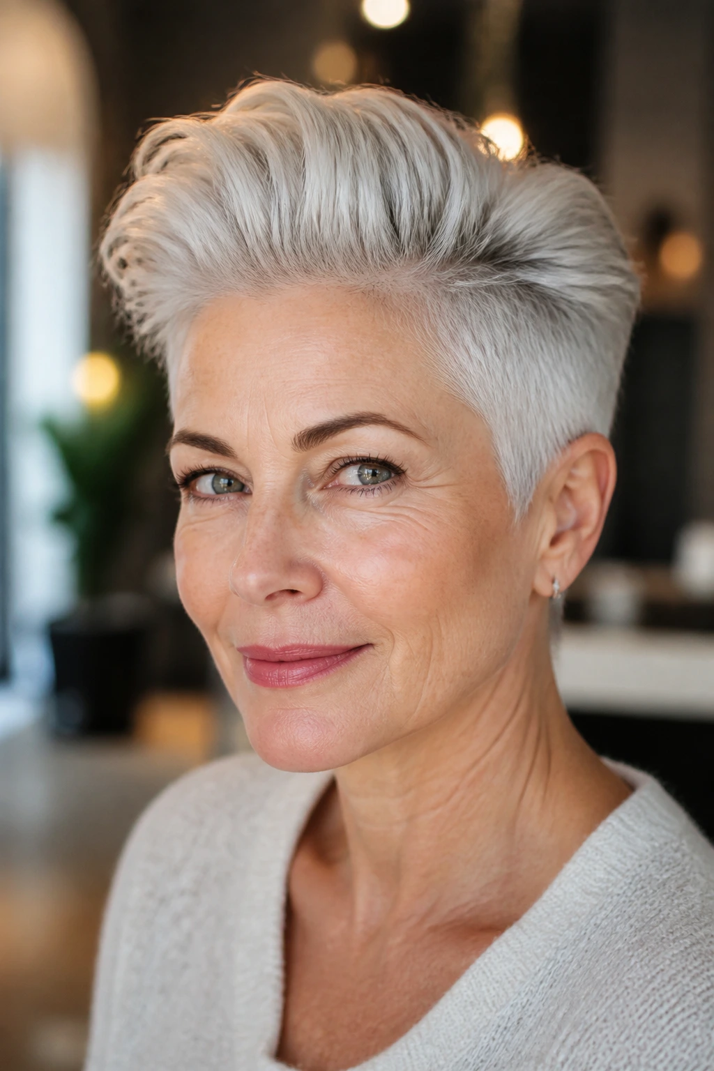 Close-up portrait of a real person with a silver pompadour pixie hairstyle.