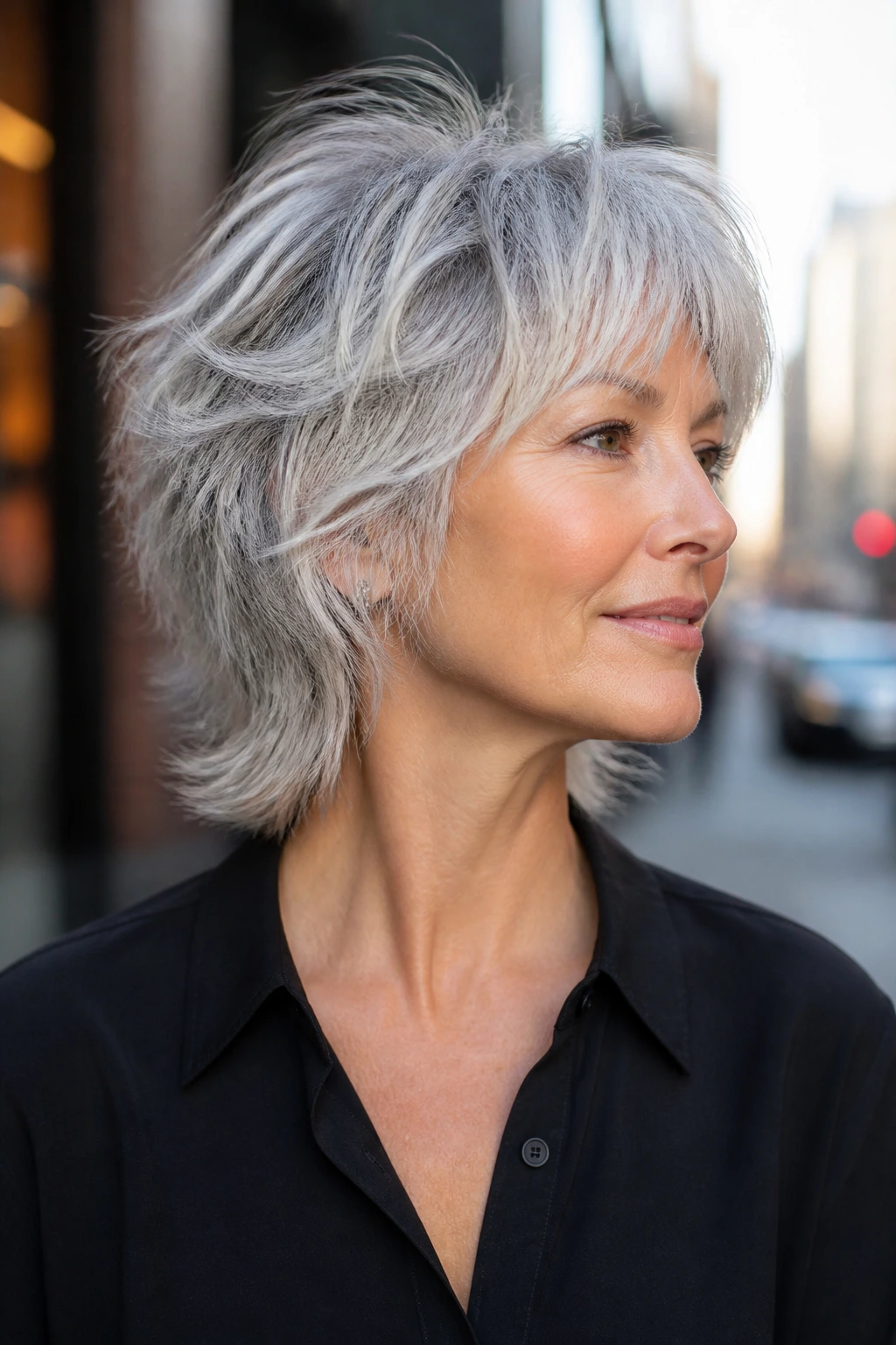 Portrait of a woman with silver razor shag hairstyle