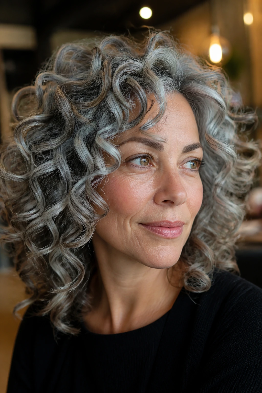 Close-up of curly hair with silver ribbon highlights following curl openings in a warm salon.