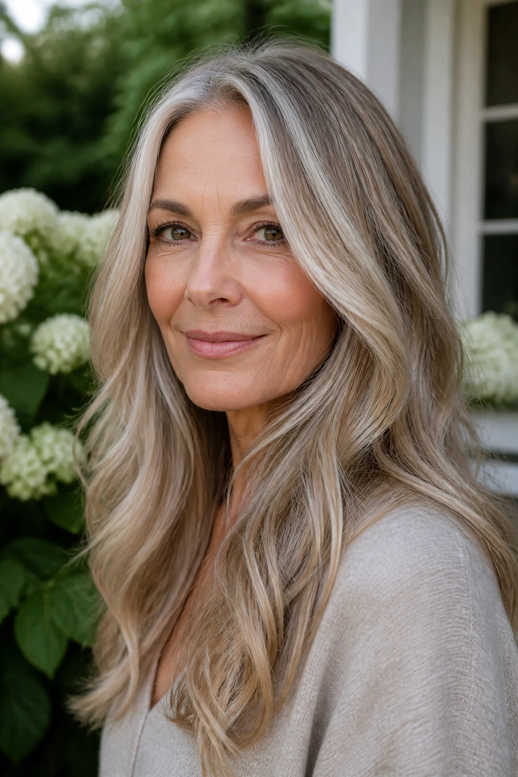 Close-up of a real woman with silver ribbon highlights in long hair outdoors