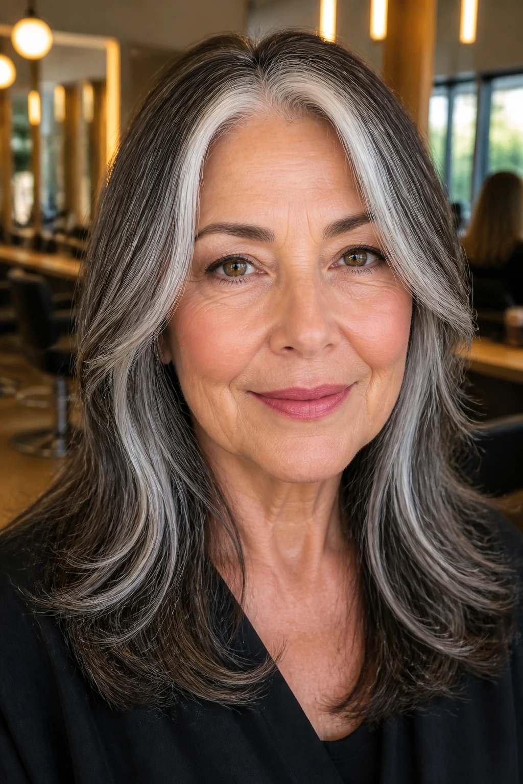 Woman with slender silver ribbons framing the face at the hairline