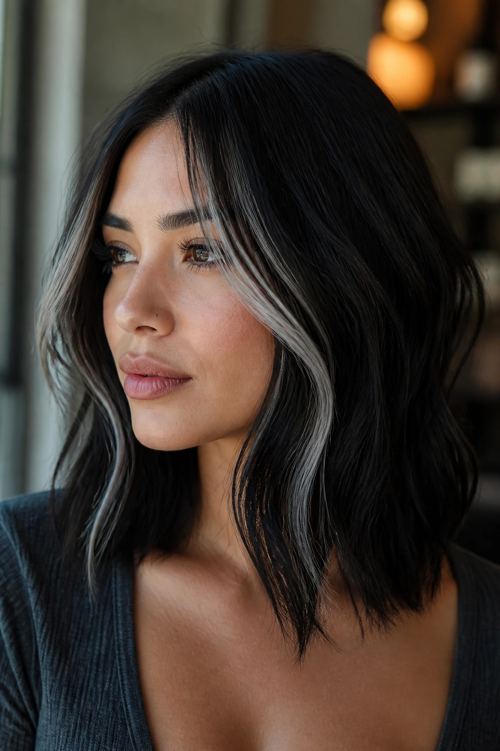 Close-up of a woman with shoulder-length black hair and silver ribbons framing her face.