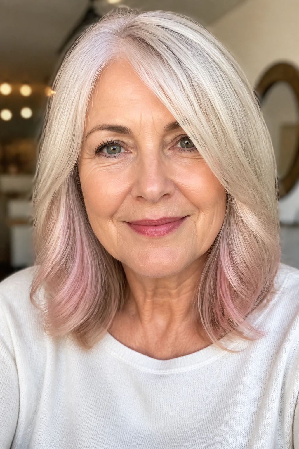 Close-up of a real woman with silver blonde hair and rose gold warmth